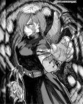  1girl arm_tattoo belt breasts claws commentary cowboy_shot crosshatching facial_tattoo greyscale hair_over_one_eye hatching_(texture) highres instagram_username jacket jujutsu_kaisen jujutsu_tech_uniform kugisaki_nobara large_breasts monochrome nail_(hardware) pillarboxed reaching reaching_towards_viewer school_uniform seveninks short_hair solo tattoo torn_clothes torn_sleeve 