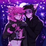 1:1 ahoge anthro ashley_starflare_(sonadourge) black_body black_clothing black_fur black_gloves black_hair black_handwear black_nails blue_eyes blush blush_lines branch clothing colored_nails cool_colors cropped_hoodie digital_drawing_(artwork) digital_media_(artwork) duo eye_contact facial_markings felid feline female fireworks fluffy_clothing fur gloves green_eyes grey_body grey_ears grey_fur hair hand_around_waist handwear head_markings hoodie hug humanoid inner_ear_fluff looking_at_another magenta_eyes male mammal markings midriff nails park pink_body pink_ears pink_fur pink_hair pink_wrist_warmers pink_wrist_wear print_clothing print_hoodie print_topwear purple_background purple_theme red_eyes romantic romantic_couple shaded simple_background sona_(sonadourge) tikki-hiko topwear toy tuft white_body white_fur white_inner_ear white_inner_ear_fluff wrist_warmer wristwear