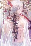  1boy abs absurdres angel's_trumpet bead_curtain closed_mouth english_text facing_up flower flower_in_clothes grey_hair highres hip_bones lapels light_particles long_sleeves looking_at_viewer love_and_deepspace male_focus open_clothes open_shirt pants parted_bangs pectoral_cleavage pectorals plant purple_background red_eyes red_flower red_ribbon ribbon see-through_clothes see-through_shirt shirt short_hair sideways_glance smile snow234 solo sylus_(love_and_deepspace) thick_eyebrows toned toned_male upper_body vines watermark weibo_watermark white_pants white_shirt 