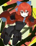  1girl :p absurdres alternate_costume black_bodysuit black_boots black_gloves blue_bow blue_cape blush bodysuit boots bow breasts cape claw_pose commentary_request gloves hair_bow highres kuromaru_ira long_sleeves looking_at_viewer medium_breasts medium_hair red_cape red_eyes red_hair ribbon-trimmed_bow ribbon_trim rock_'n'_rock_'n'_beat sekibanki solo tongue tongue_out touhou two-sided_cape two-sided_fabric zipper 