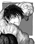  1boy commentary from_side fushiguro_touji greyscale hatching_(texture) highres instagram_username jujutsu_kaisen linear_hatching looking_at_viewer male_focus monochrome monster portrait scar scar_on_face scar_on_mouth seveninks smile solo v-shaped_eyebrows 