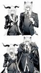  1boy 1girl absurdres animal_ear_fluff animal_ears arknights black_gloves black_jacket black_necktie breasts cape champagne_flute closed_mouth coat collared_shirt cup degenbrecher_(arknights) dress_shirt drinking_glass formal_clothes fur-trimmed_cape fur-trimmed_coat fur-trimmed_jacket fur_trim gloves goat_ears goat_girl goat_horns greyscale hair_between_eyes highres holding holding_cup horns jacket lapels long_hair long_sleeves looking_at_viewer medal monochrome neck_ribbon necktie notched_lapels open_clothes open_jacket pants parted_lips pienahenggou ribbon shirt silverash_(arknights) simple_background snow_leopard_boy snow_leopard_ears snow_leopard_tail suit tail very_long_hair vest white_background wine_glass 