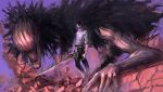  1boy absurdres black_pants commentary cursed_spirit_(jujutsu_kaisen) english_commentary full_body highres holding holding_sword holding_weapon jacket jujutsu_kaisen katana kyezzzz male_focus monster okkotsu_yuuta orimoto_rika pants standing sword weapon white_jacket 