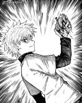  1boy blood blood_on_hands commentary dutch_angle emphasis_lines from_side hatching_(texture) heart_(organ) highres holding holding_heart_(organ) hunter_x_hunter instagram_username killua_zoldyck layered_sleeves linear_hatching long_sleeves looking_at_viewer male_focus seveninks short_over_long_sleeves short_sleeves smile solo turtleneck upper_body veins veiny_hands 