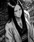  1girl bleach bleach:_sennen_kessen-hen blood blood_on_clothes blood_on_face commentary crosshatching expressionless forehead from_above greyscale haori hatching_(texture) highres instagram_username japanese_clothes kimono lips long_hair monochrome obi parted_lips pillarboxed profile sash scar scar_on_cheek scar_on_face seveninks solo taichou_haori unohana_retsu upper_body 