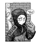  1other ambiguous_gender brick_wall commentary_request frown gloves greyscale hatching_(texture) highres hood hood_up hoodie linear_hatching monochrome original other_focus pole scar scar_on_cheek scar_on_face seveninks solo spanish_commentary sticker upper_body v v-shaped_eyebrows 