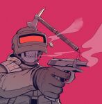  1other altyn_helmet axe combat_helmet finger_on_trigger gloves gun handgun hatchet_(axe) helmet highres hood hooded_jacket jacket load_bearing_vest makarov_pm military original parabellum shell_casing skull smoke smoke_trail upper_body visor_(armor) weapon 