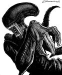  alien alien_(series) claws commentary_request crosshatching greyscale hatching_(texture) highres instagram_username monochrome monster nested_mouths no_humans open_mouth saliva seveninks solo spanish_commentary tail upper_body xenomorph 