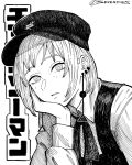  1girl chainsaw_man commentary_request copyright_name crosshatching earrings fami_(chainsaw_man) fourth_east_high_school_uniform greyscale hat hatching_(texture) head_rest highres instagram_username jewelry linear_hatching mole mole_under_eye mole_under_mouth monochrome multiple_earrings neck_ribbon parted_lips peaked_cap portrait ribbon ringed_eyes school_uniform seveninks solo spanish_commentary 
