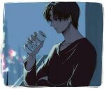  1boy balcony beer_can black_eyes black_hair blue_sky can chrollo_lucilfer commentary_request drink_can earrings facial_mark forehead_mark highres holding holding_can hunter_x_hunter jewelry korean_commentary long_sleeves male_focus night outdoors profile rip1208 shirt short_hair sky solo upper_body 