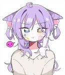  1girl ahoge animal_ears bandage_on_face bandages bandaid bandaid_on_cheek bandaid_on_face blue_eyes blush commentary_request emoji grey_sweater heterochromia highres long_hair looking_at_viewer multicolored_hair pout purple_hair simple_background solo spoken_expression star_(symbol) stellive sticker sticker_on_face sweater tamago_bororo tenko_shibuki upper_body white_background white_hair 