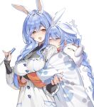  2girls animal_ears blue_hair braid breasts closed_eyes commentary_request dress highres holding holding_ladle hololive hug hug_from_behind ladle large_breasts long_hair mother_and_daughter multiple_girls open_mouth orange_eyes pekomama pekomon_(usada_pekora) rabbit_ears rabbit_girl shuri_(84k) simple_background smile sound_effects upper_body usada_pekora white_background white_dress 