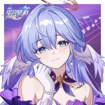  1girl bare_shoulders blue_hair bracelet breasts chinese_commentary closed_mouth commentary_request copyright_name dress earrings elbow_gloves feathered_wings gloves green_eyes hair_between_eyes halo hasana head_wings highres honkai:_star_rail honkai_(series) jewelry long_hair looking_at_viewer musical_note purple_eyes robin_(honkai:_star_rail) smile solo upper_body white_gloves wings 