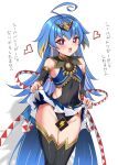  +_+ 1girl :d ahoge bare_shoulders black_leotard black_sleeves black_thighhighs blonde_hair blue_hair blush commentary_request covered_navel cutie_lupia detached_sleeves duel_masters duel_masters_play's groin headpiece heart leotard lightning_bolt_symbol long_hair long_sleeves looking_at_viewer multicolored_hair purple_eyes rumiya9i simple_background smile solo streaked_hair thighhighs translation_request very_long_hair white_background 