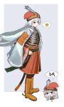  1girl belt black_eyes blush_stickers boots cape chibi coat coat_on_shoulders commentary cuirass emoji fur-trimmed_coat fur-trimmed_headwear fur_trim green_sash gulyas hat hat_feather highres hungary jewelry korean_commentary korean_text long_hair military military_uniform multiple_views original pleading_face_emoji red_hat ring saber_(weapon) sash speech_bubble spoken_emoji spurs sword translation_request weapon white_cape white_coat white_hair 