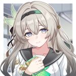  1girl aqua_pupils blue_eyes breasts brown_hair chinese_commentary collarbone commentary_request firefly_(honkai:_star_rail) firefly_(spring_missive)_(honkai:_star_rail) grey_hair hair_between_eyes hair_ornament hairband hasana headband honkai:_star_rail honkai_(series) long_hair looking_at_viewer multicolored_eyes school_uniform serafuku solo yellow_eyes 