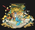  1girl absurdres black_background blue_eyes blue_hair chinese_clothes commentary highres instrument instrument_request iuno_(wuthering_waves) long_hair looking_at_viewer music playing_instrument shuangyaji simple_background solo wide_shot wuhumihu wuthering_waves 