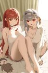  2girls absurdres alternate_costume barefoot bent_over black_choker breasts choker cleavage closed_mouth commentary goddess_of_victory:_nikke grey_hair headband highres ichinisan326 large_breasts looking_at_viewer modernia_(nikke) multiple_girls open_mouth rapi_(nikke) red_eyes red_hair shirt sidelocks smile white_headband white_shirt 