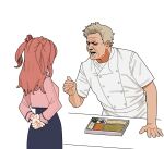  1boy 1girl arms_behind_back blue_skirt brown_hair chef cropped_jacket food gakuen_idolmaster gordon_ramsay grey_hair hair_rings hanami_saki hand_up idolmaster jacket long_hair long_sleeves looking_at_another om3osp6emv77869 pink_jacket real_life shirt short_hair short_sleeves skirt two_side_up white_background white_hair white_shirt 