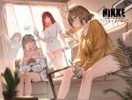  4girls absurdres ahoge anis_(nikke) breasts brown_eyes cactus character_doll cleavage commander_(nikke) commentary_request copyright_logo couch counters_(nikke) cup disposable_cup doll fuujin_(windust_michio) goddess_of_victory:_nikke grey_hair hairband highres holding holding_cup holding_doll indoors logo long_hair modernia_(first_affection)_(nikke) modernia_(nikke) multiple_girls neon_(nikke) on_couch pajamas plant potted_plant rapi_(nikke) rapi_(red_hood)_(nikke) red_eyes red_hair shirt short_hair sitting very_long_hair white_hairband white_pajamas white_shirt 
