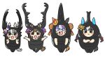  >_< 4girls absurdres alternate_costume animal_ears black_eyes bow brown_hair bug_costume commentary_request copano_rickey_(umamusume) crossed_arms double_bun ear_bow ear_covers facing_viewer fang gloom_(expression) grey_hair hair_between_eyes hair_bow hair_bun highres hokko_tarumae_(umamusume) horse_ears horse_girl kopperion mismatched_ear_covers multicolored_hair multiple_girls multiple_hair_bows mushiking pink_bow pout purple_bow rhinoceros_beetle simple_background single_ear_cover smart_falcon_(umamusume) stag_beetle streaked_hair umamusume white_background white_hair wonder_acute_(umamusume) yellow_bow 