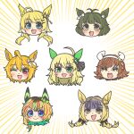 1boy 6+girls :d absurdres ahoge akizuki_ryo animal_ears antenna_hair blonde_hair blue_eyes blue_hair blue_streaks blush brown_eyes colored_inner_hair commentary_request commission ear_covers ear_ornament emphasis_lines fang fujita_kotone gakuen_idolmaster gloom_(expression) green_eyes hachimiya_meguru head_only highres horse_ears horse_girl hoshii_miki ibuki_tsubasa idolmaster idolmaster_(classic) idolmaster_million_live! idolmaster_shiny_colors idolmaster_va-liv kemonomimi_mode kopperion letora_(idolmaster) long_hair low_twintails multicolored_hair multiple_girls pink_eyes red_hair red_streaks short_hair simple_background skeb_commission skin_fang smile streaked_hair twintails umamusume white_background yellow_eyes 