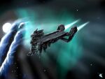  aqua_background artist_logo caldari_state_(eve_online) carrier carrier_(eve_online) cloud cloud_background commentary concept_art english_commentary eve_online flying glowing highres logo military_vehicle nebula no_humans novafox original outdoors science_fiction space spacecraft star_(sky) vehicle_focus 