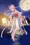  1girl breasts chinese_clothes chinese_commentary chinese_hairstyle commentary_request diamond-shaped_pupils diamond_(shape) dress earrings elf elysia_(hi_love_elf)_(honkai_impact) elysia_(honkai_impact) elysia_(moonlit_grace)_(honkai_impact) feixianji_(hairstyle) flower full_moon hair_flower hair_ornament hair_rings highres holding holding_lantern honkai_(series) honkai_impact_3rd jewelry lantern large_breasts long_hair moon mountainous_horizon night ocean official_alternate_costume pantyhose pink_hair pink_pantyhose pointy_ears purple_eyes qingxu_xiao_dai_ovo rabbit shuangyaji sky solo star_(sky) starry_sky symbol-shaped_pupils very_long_hair white_dress 