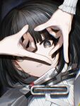  1girl 1other arknights arknights:_endfield black_eyes black_hair blunt_bangs chinikuniku chromatic_aberration close-up commentary dated diamond-shaped_pupils diamond_(shape) diamond_in_eye endministrator_(arknights) eye_focus female_endministrator_(arknights) grey_sweater hashtag-only_commentary heart_hands_over_eye long_sleeves looking_at_viewer no_mask parted_lips purple_pupils ribbed_sweater safety_pin shirt short_hair solo sweater symbol-shaped_pupils twitter_username upper_body white_shirt white_sweater 