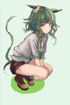  1girl animal_ears breasts brown_shorts brown_socks closed_mouth commentary_request ears_through_headwear green_eyes green_hair green_vest hat horse_ears horse_girl horse_tail jacket kiseki_(miracle_author)_(umamusume) kiseki_(umamusume) looking_at_viewer multicolored_hair shirt shoes short_hair shorts socks solo squatting streaked_hair tail umamusume vest white_jacket white_shirt white_streaks yanagi_wakana yellow_hat 