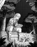  1boy archaic_set_(zelda) campfire chest_tattoo commentary_request earrings expressionless forest full_body gloves greyscale hatching_(texture) highres holding instagram_username jewelry link log male_focus medium_hair monochrome nature pointy_ears purah_pad sandals seveninks shoulder_tattoo single_glove sitting solo spanish_commentary tattoo the_legend_of_zelda the_legend_of_zelda:_tears_of_the_kingdom tree 