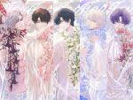  5boys abs absurdres angel's_trumpet baby's-breath backless_shirt bead_curtain black_hair blue_eyes blue_flower blue_ribbon branch brown_hair caleb_(love_and_deepspace) cherry_blossoms choker closed_mouth column_lineup cowboy_shot curtained_hair english_text facing_up falling_petals flower flower_in_clothes forget-me-not_(flower) from_behind gloriosa_(flower) green_eyes grey_background grey_hair hair_between_eyes half-closed_eyes hand_on_own_chest hand_on_own_neck hand_up head_tilt highres hip_bones holding holding_branch jasmine_(flower) lapels light_particles long_sleeves looking_at_flowers looking_at_viewer looking_to_the_side love_and_deepspace male_focus multiple_boys notched_lapels open_clothes open_shirt pants parted_bangs parted_lips partially_unbuttoned pectoral_cleavage pectorals petals pink_flower pink_ribbon plant puffy_long_sleeves puffy_sleeves purple_background purple_eyes purple_hair purple_ribbon rafayel_(love_and_deepspace) red_eyes red_flower red_ribbon ribbon ribbon_choker see-through_clothes see-through_shirt shirt shirt_tucked_in short_hair sideways_glance sleeves_rolled_up smile snow234 standing straight-on sylus_(love_and_deepspace) tareme thick_eyebrows toned toned_male upper_body vines waist_ribbon watermark weibo_watermark white_choker white_flower white_hair white_pants white_ribbon white_shirt wrist_ribbon xavier_(love_and_deepspace) zayne_(love_and_deepspace) 