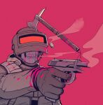  1other altyn_helmet axe blood blood_on_clothes blood_on_face blood_on_weapon combat_helmet finger_on_trigger gloves gun handgun hatchet_(axe) helmet highres hood hooded_jacket jacket load_bearing_vest makarov_pm military original parabellum pink_blood shell_casing skull smoke smoke_trail upper_body visor_(armor) weapon 