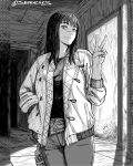  1girl alternate_breast_size_(larger) belt breasts commentary_request cowboy_shot crosshatching denim greyscale hallway hand_in_pocket hatching_(texture) highres instagram_username jacket jeans kiruko_(tengoku_daimakyou) large_breasts linear_hatching medium_hair monochrome pants pillarboxed seveninks smile solo spanish_commentary tengoku_daimakyou v window 