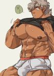  1boy abs bara bulge dressing erection male_focus marototori muscle nipples pecs solo underwear 