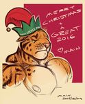  2015 angry annoyed anthro areola benji_(character) christmas christmas_card clothed clothing clouded_leopard english_text feline green_eyes hat holidays hyper hyper_muscles mainlion male mammal markings muscular muscular_male nipples pecs text topless 
