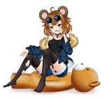  absurdres animal_ears bear_girl breasts brown_hair eyewear_on_head girls_frontline grizzly_mkv_(girls_frontline) highres jacket open_mouth purple_eyes short_hair small_breasts solo stuffed_animal stuffed_toy sunglasses tears teddy_bear thighhighs torn_clothes torn_legwear yan_lie younger 