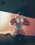  2016 anthro areola balls bedroom benji_(character) big_balls big_penis bracelet clothing clouded_leopard dressing ear_piercing feline flaccid growth hyper hyper_muscles jewelry mainlion male mammal muscle_growth muscular muscular_male nipples pecs penis penis_shaped_bulge piercing shirt solo stretched_clothing tank_top thick_thighs 
