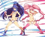  bangs bikini blue_eyes blue_hair boots breasts choker clenched_hands commentary cuffs cure_aqua cure_melody detached_collar energy_sword hair_ribbon handcuffs holding holding_sword holding_weapon houjou_hibiki long_hair looking_at_viewer minazuki_karen multiple_girls navel pink_hair ponytail precure ribbon side-tie_bikini small_breasts smile suite_precure swept_bangs swimsuit sword tasaka_shinnosuke thighhighs twintails weapon white_background yes!_precure_5 yes!_precure_5_gogo! 