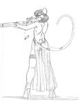  2017 anthro bare_back butt clothed clothing female flat_chested footwear greyscale gun hair high_heels holding_object holding_weapon legwear mammal monochrome mouse open_mouth ranged_weapon rear_view rifle rodent shoes short_hair simple_background skimpy solo standing stockings thigh_highs translucent transparent_clothing weapon wolfkidd 
