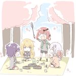  &gt;_&lt; :d ^_^ ahoge bafarin bat_hair_ornament blanket blonde_hair blue_eyes blush_stickers bottle casual cherry_blossoms chopsticks closed_eyes cross cross_hair_ornament cross_necklace cup fang gabriel_dropout hair_ornament hair_rings hanami happy highres holding holding_chopsticks hood hoodie inverted_cross jewelry jitome kurumizawa_satanichia_mcdowell lavender_hair multiple_girls necklace obentou open_mouth picnic plate profile purple_hair red_hair shiraha_raphiel_ainsworth smile sweater tenma_gabriel_white tree tsukinose_vignette_april v-shaped_eyebrows water_bottle 