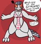  &lt;3 3_toes 4_fingers anthro bulge clothing grey_scales kegan lingerie male mammal one-piece_lingerie pangolin pink_eyes red-scales red_background red_sclera scales simple_background slit_pupils solo toes trout_(artist) 