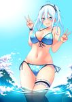  :d absurdres ahoge bangs bikini blue_bikini blue_eyes blue_hair blush breasts collarbone day double_v hair_between_eyes hands_up highres large_breasts leg_garter litty matsunoki_(unknown_751) navel ocean open_mouth original outdoors side-tie_bikini smile solo star star-shaped_pupils swimsuit symbol-shaped_pupils thick_eyebrows thighs v v-shaped_eyebrows wading 