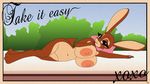  2017 big_breasts breasts cadbury_caramel_bunny female fibs huge_breasts lying nude postcard presenting solo text vector 