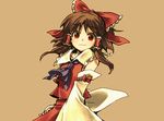  brown_hair detached_sleeves hair_ribbon hair_tubes hakurei_reimu looking_at_viewer mecco neckerchief nontraditional_miko red_eyes ribbon sailor_collar short_hair smile solo tan_background touhou wide_sleeves 