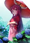  flower hakama highres hydrangea japanese_clothes kamikaze_(kantai_collection) kantai_collection kimono long_hair meiji_schoolgirl_uniform oriental_umbrella orihi_chihiro pink_hakama purple_hair rain red_eyes red_kimono solo standing tasuki umbrella 