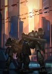 aircraft city energy_cannon highres holding holding_weapon karamas mecha military original outdoors power_armor robot scenery science_fiction signature space_craft sun weapon 