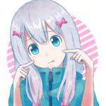  1girl aqua_eyes bow eromanga_sensei female green_jacket hair_bow hair_ornament izumi_sagiri jacket kikuchi_bomber long_hair looking_at_viewer silver_hair solo upper_body 