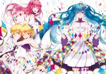  3girls ;d black_neckwear blonde_hair blue_eyes blue_hair bow breasts brown_shorts dress floating_hair gloves hair_bow hair_ornament hand_in_hair hatsune_miku highres hug hug_from_behind kagamine_len kagamine_rin long_hair looking_at_viewer megurine_luka multicolored multicolored_nails multiple_girls nail_polish necktie one_eye_closed open_mouth pleated_dress purple_eyes red_hair saine shirt short_hair short_shorts short_sleeves shorts siblings sideboob simple_background sleeveless sleeveless_shirt small_breasts smile strapless strapless_dress striped striped_legwear striped_shirt thighhighs twins twintails vertical-striped_legwear vertical-striped_shirt vertical_stripes very_long_hair vocaloid white_background white_dress white_gloves white_legwear white_shirt 