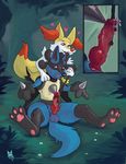  &lt;3 3_toes ambiguous_gender animal_genitalia animal_penis anthro balls barefoot bite black_nose braixen canine canine_penis cock_and_ball_torture digital_media_(artwork) duo erection fox fur inner_ear_fluff knot lucario male male/ambiguous mammal multicolored_fur newd nintendo nude open_mouth pain paws penis pok&eacute;mon precum red_eyes rough_sex sex teeth toes tongue video_games 